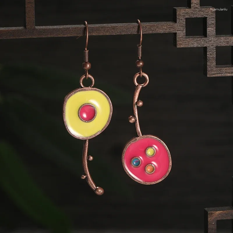 Dangle Earrings Retro Ethnic Style Graffiti Artistic Painting Drop Asymmetrical Design Bronze Metal Red Yellow Earring For Women Gifts