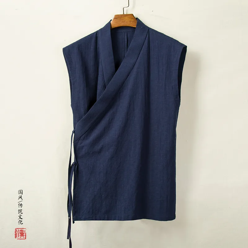 Chemises décontractées pour hommes Vêtements traditionnels chinois Gilet Hanfu Hommes sans manches en coton et lin Cardigan kimono Tang Dynasty pour hommes Haut cardigan pour hommes 230408