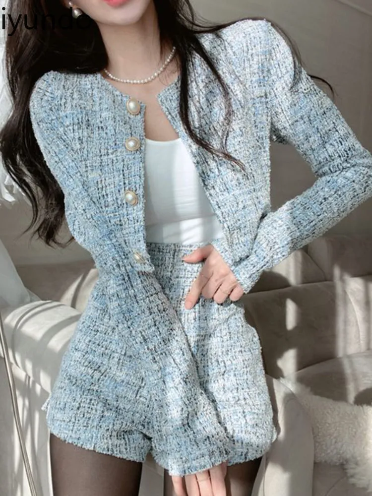 Tweede stuk Dres 2023 Warm kleding Twaalswerk set Oneck Pearl Single Breasted Short Coat Hoge Taille Tweed Wide Leg Shorts For Women 230410