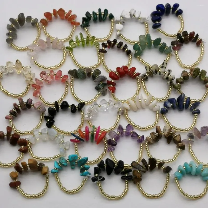 Bagues de cluster à la main Amethyst Crystal Garnet Aventurine Tigereye Opal Corail Pierre Perles de verre Bague élastique Stretch Taille 8-9 Bijoux