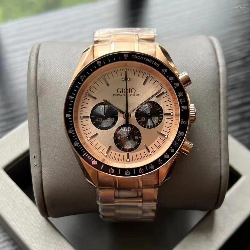 Armbandsur 2023 Luxury Men's Quartz Chronograph VK63 Movement Watch Rostfritt stål Rose Gold Green Speed ​​Leather Wristwatch