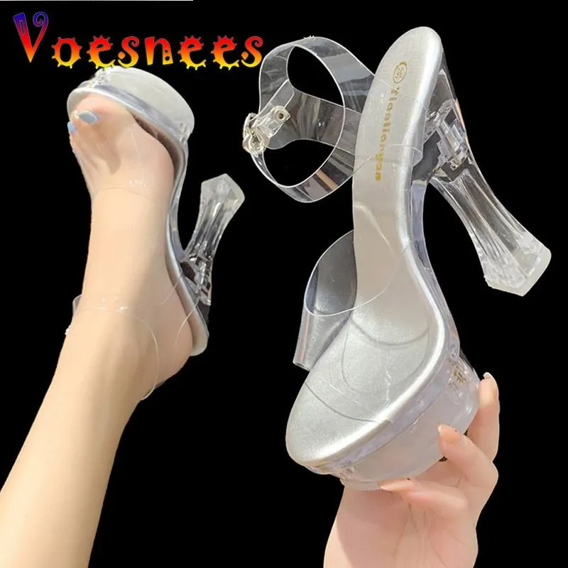 Sexig alla transparenta kvinnor Sandaler Summer Fashion Dress High Heels Hyaline Waterproof Platform Thick Heel Party Crystal Shoes 5078