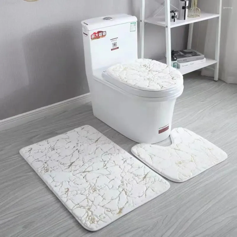 Tapis de toilette trois pièces, ensemble de salle de bains, imitation de cheveux, vente en gros, coussin de pied doré pliable, tapis en forme de U super doux