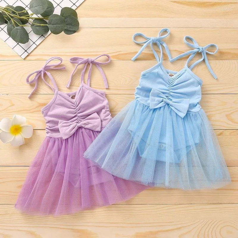 Girl Dresses 0-24M Cute Born Baby Sleeveless Strap Tutu Bodysuit Dress Solid Color Bow Princess Girls Clothes