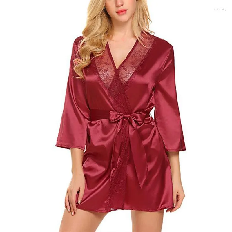 Vêtements de nuit pour femmes Sexy chemise de nuit Lingerie mode dentelle Patchwork chemise de nuit femmes soie Kimono ceinture Robe de bain vêtements de nuit Chemises