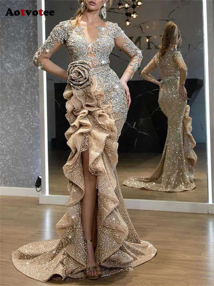 Florale dreidimensionale Dekoration für Damen, neue Mode, geteiltes bodenlanges Maxikleid, schicke Abendkleider