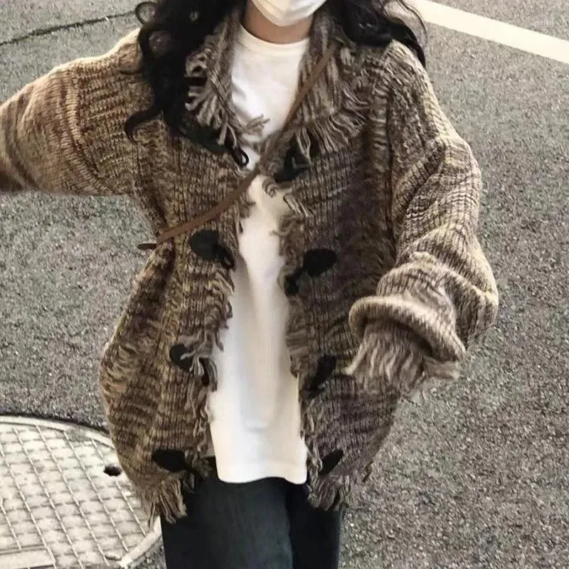 Women's Knits Fashion Retro Hip-Hop Street Corner Cardigan Sweater Women Coat Autumn Winter Korean Loose Design Knitted Pull