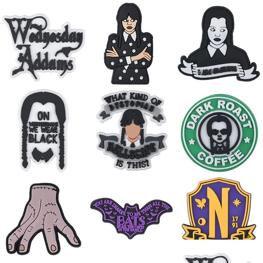 Cartoon Accessories Wholesale Wednesday Addams Family Shoe Charms For Clog Uni Kids Teen Adty Party Drop Delivery Baby, Kids Maternity Dhp5G