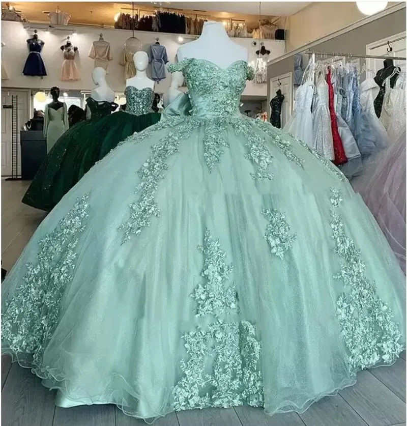 Quinceanera robes princesse verte grand arc appliques en V robe de bal à col en tulle plus taille sweet 16