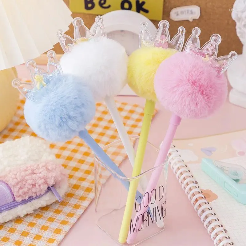 PCS/LOT KAWAII CROWN PEALKINS HÅRBALL GEL PEN Söt 0,5 mm svart bläck Signatur Pens Office School Writing Supplies Gift