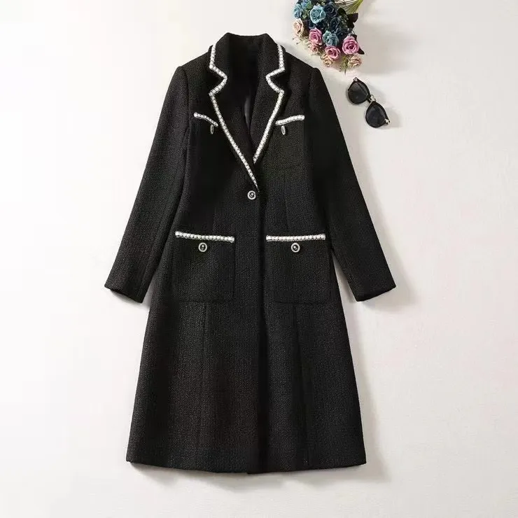 European and American women's dress 2023 winter new Long sleeve suit collar one button pocket fashion Tweed coat XXL