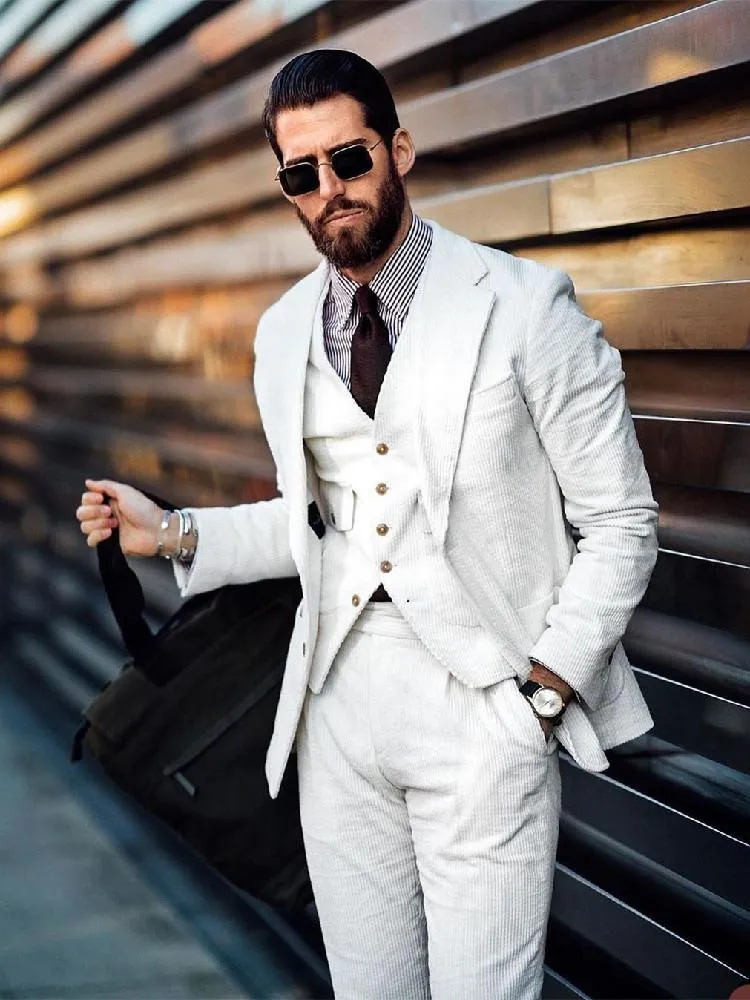 Mens White 3 Piece Tuxedo Suit With Cravat Wedding Groom Tailored Fit  SuitSavvy | eBay