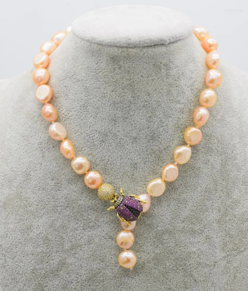 Chains Freshwater Pearl Necklace Pink Purple Baroque 10-13mm & Zircon Insects Hook 16inch Nature Beads FPPJ Wholesale