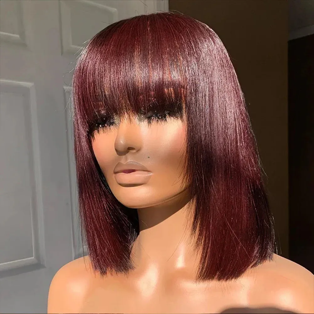 Perruques synthétiques 99J bordeaux droite Bob perruques de cheveux humains avec Bang pleine Machine faite brésilienne Remy cheveux humains court Bob perruques pour femme noire 231109