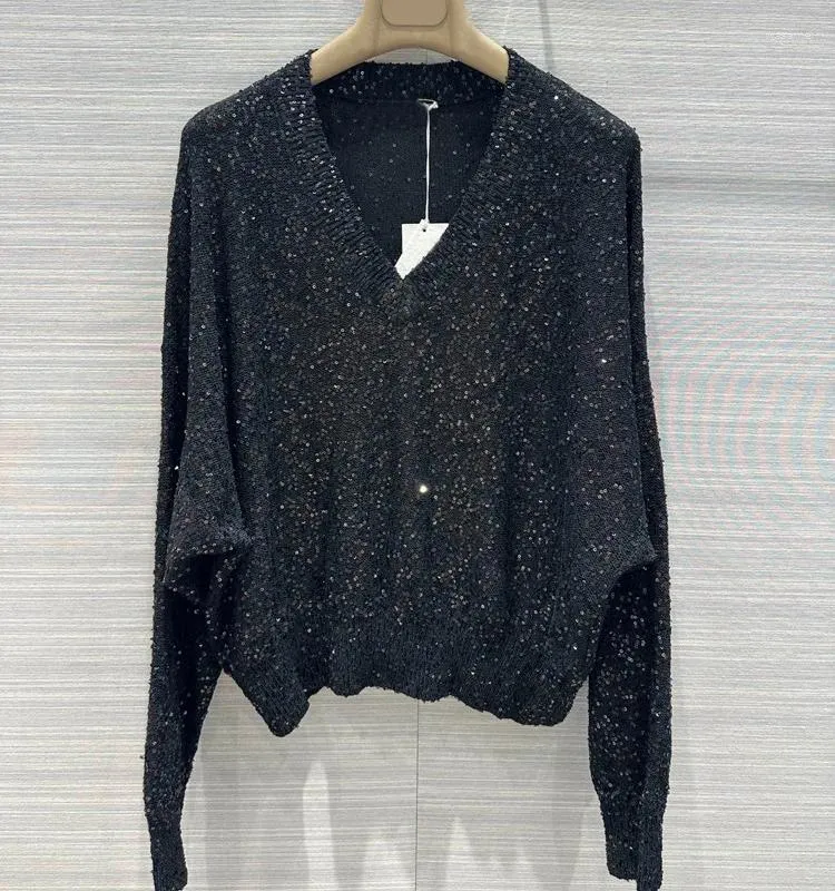 Women's Sweaters 2023 Linen Knit Casual Lazy Loose Heavy Work Sequin V-neck Long Sleeved Top For Autumn Wear