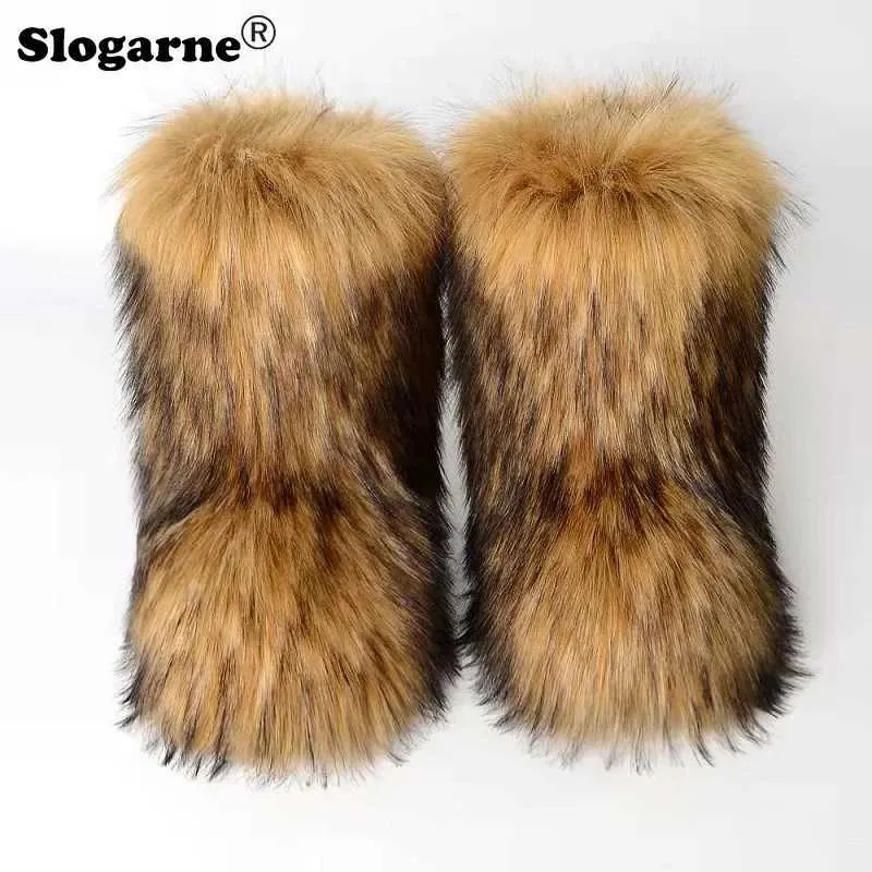 Lady Fluffy Faux Fur Boots Kadın Rakun Kürk Kar Botları Lüks Peluş Peluş Sıcak Ayakkabılar Kızlar Kürklü Tilki Kürk Battes Platform Kış Ayakkabıları