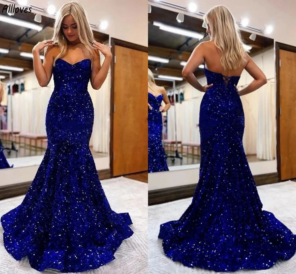 Robe de bal scintillante à paillettes bleu royal, sexy, chérie, pour femmes, occasions spéciales, coupe cintrée, dos nu, longue, style sirène, tenue de soirée formelle, CL2909