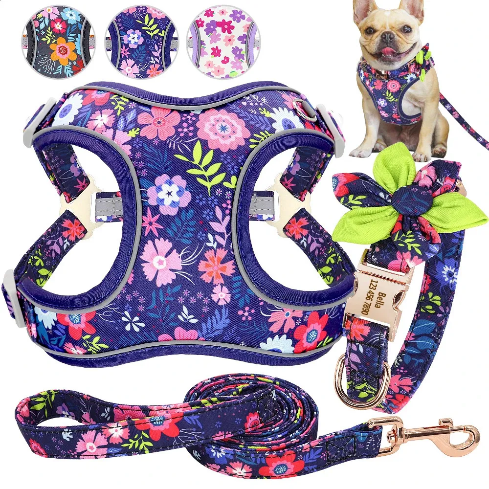 Dog Collars Leashes 3 unids/lote, collar de perro personalizado, juego de correa y arnés, collar de perro personalizado impreso, arnés de Bulldog Francés para perros medianos y grandes 231110