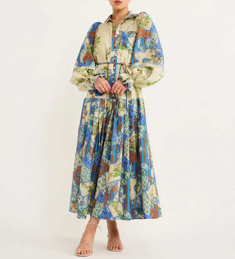 オーストラリアのデザイナードレスフローラルプリントラップネックベルスリーブシルクコットンロングドレス