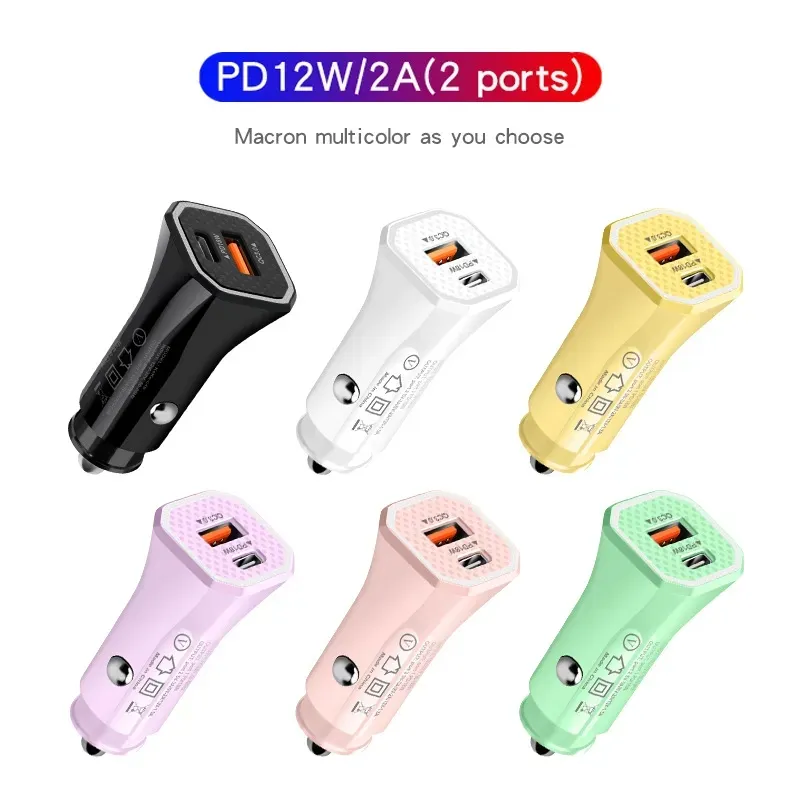 Caricabatteria per auto colorato PD 18W Porta A+C 2.4A doppia porta USB + Caricabatterie per telefono per auto veloce Type-c Adattatore per presa da 12W reale