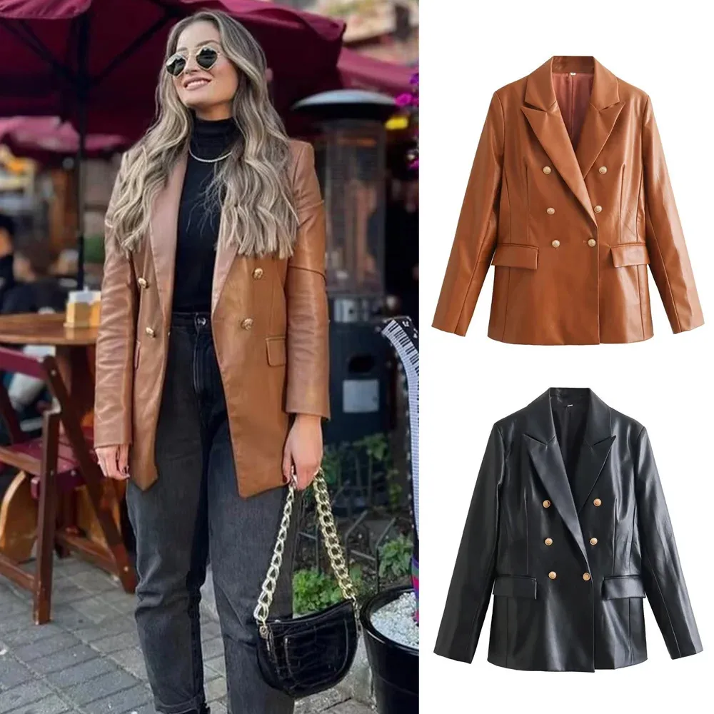 Womens Wool Blends PB ZA Autumn Wear European and American Style Loose Casual Unisex Pu Leather Suit Coat 2761243 231110