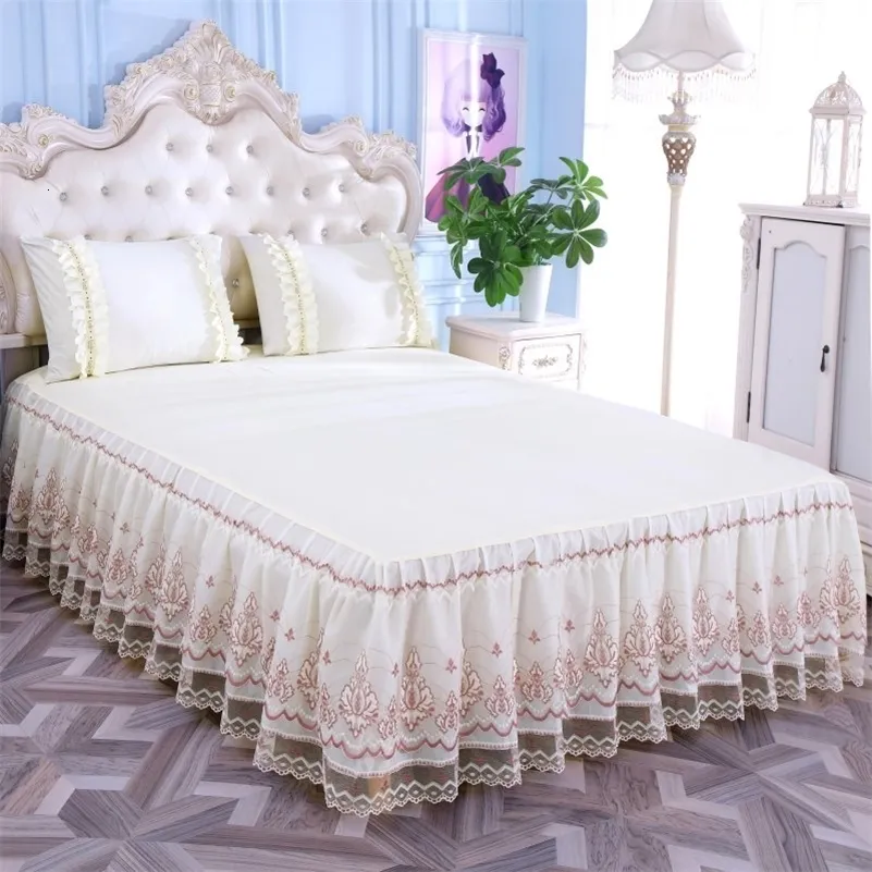 Spódnica z łóżkiem romantyczny wzór kwiatów solidny kolor z antypoślizgiem i pyłkowym plisowanym krawędziami dużych rozmiarów 230410