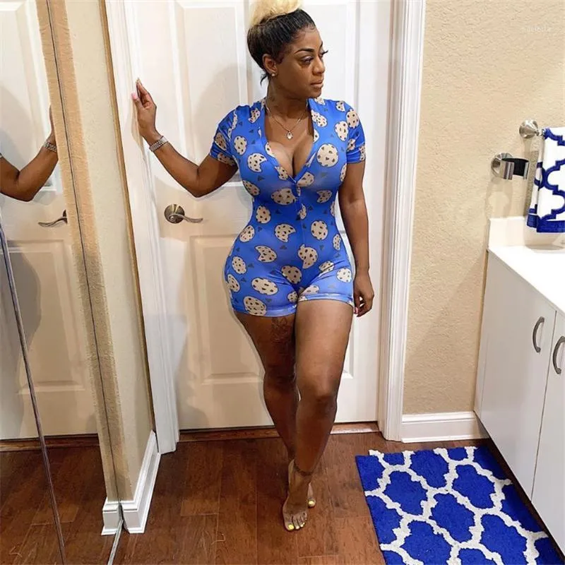 Women's Jumpsuits & Rompers Women Sexy Fashion V-Neck Short Sleeve Bodycon Animal Print Button Sleepwear Jumpsuit Shorts Leotard For Summer