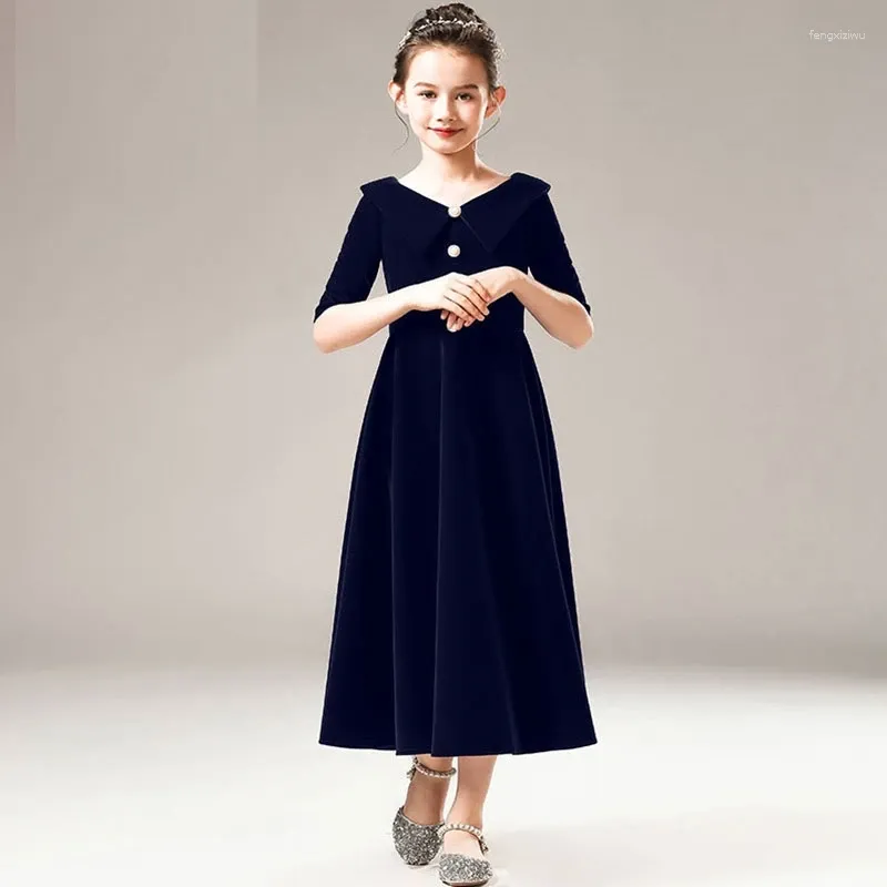 Girl Dresses Children Piano Performance Velvet Evening Big Princess Skirt Model Flower