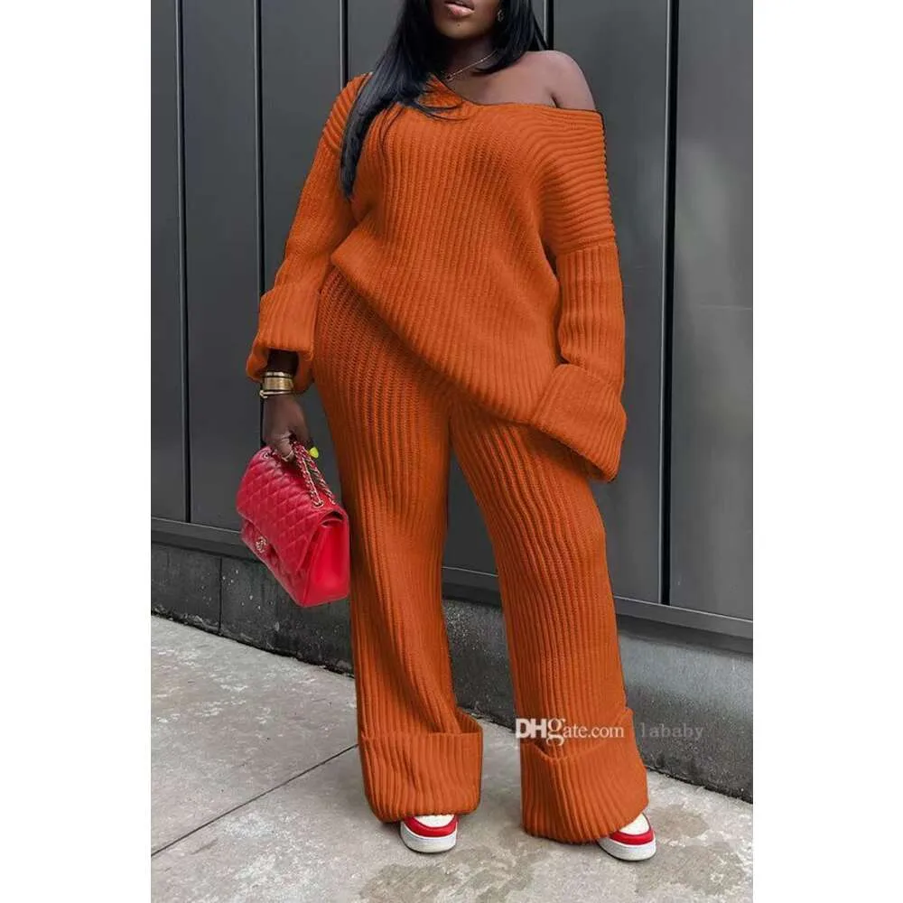 Knit Ribbed Tracksuit Women 2023 Fall INS Two Piece Set Long Sleeve Sexy V-neck Sweater And Wide Leg Straight Pants Sets Pllus Size S-3XL Clothing