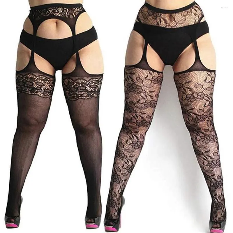 Mulheres meias meias femininas meias de rede de feminina Sexy coxa de alto tamanho suspenso de renda de meia -calça de lingerie preta sobrecarga de meia