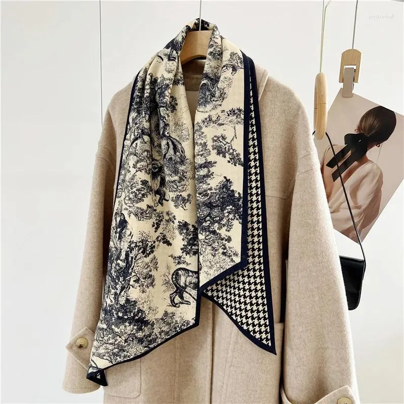 Sjaals Designer Zijden Streamer Sjaal Voor Dames Herfst Winter Mode Duizend Vogel Check Dubbele Wollen Nekbeschermer