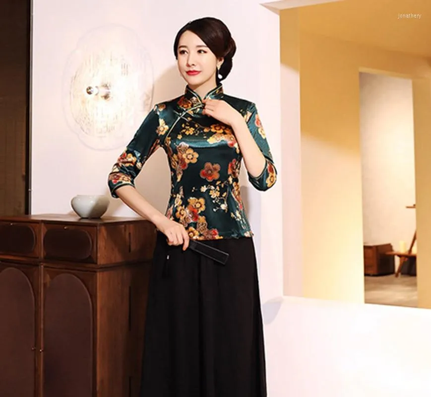 Women's Blouses Nieuwheid vrouwen Cheongsam herfst Winter Gold Velvet Tops Daily Mother Fashion Seven-Point Sleeves Banquet Shirt