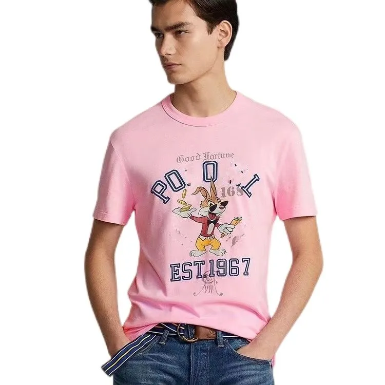 US Men's Plus Tees R Designer Men's Printed T-Shirt with Cartoon Bear, Round Neck, and High-End Cotton for Summer Casual Wear