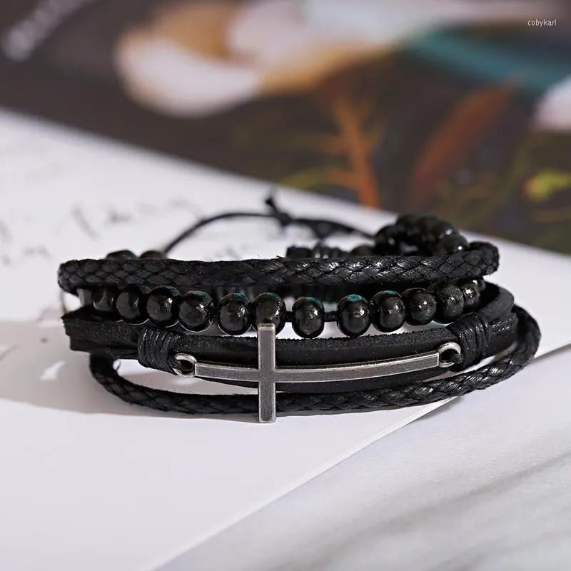 Strand Charm Çapraz Bilezik Erkekler El Yapımı Deri Ahşap Boncuklar Meditasyon Pulsera Hombre Fasion Takı