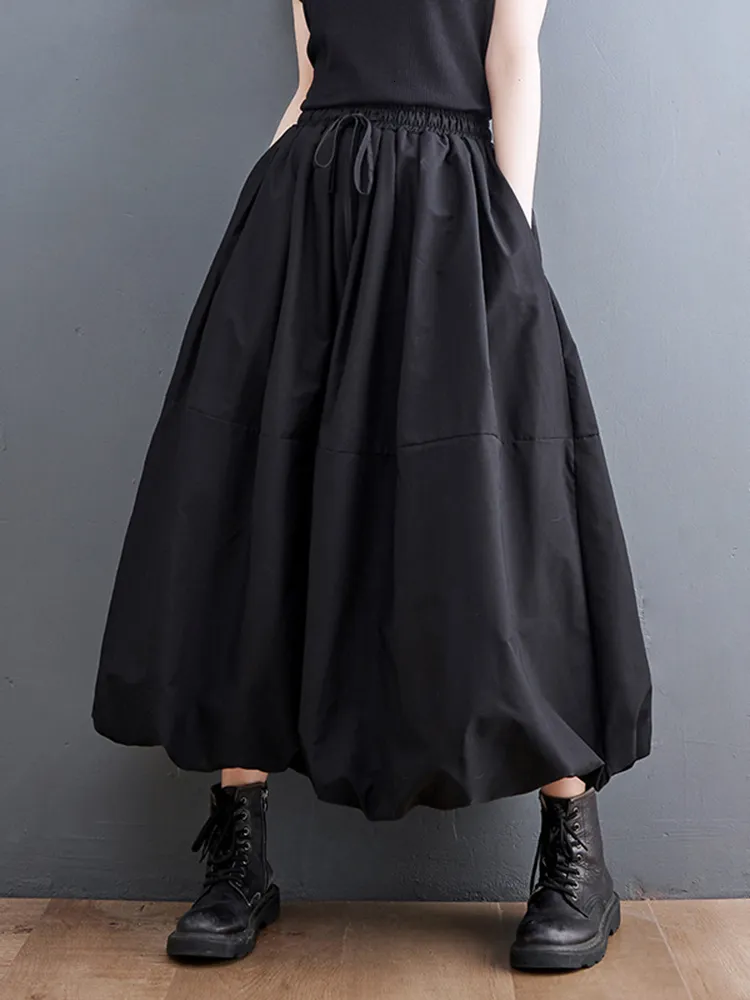 Röcke Schwarz Vintage Hohe Taille Faltenrock Frauen Plus Größe Mode Kordelzug Lose Beiläufige Lange Kleidung Frühling Herbst 230410