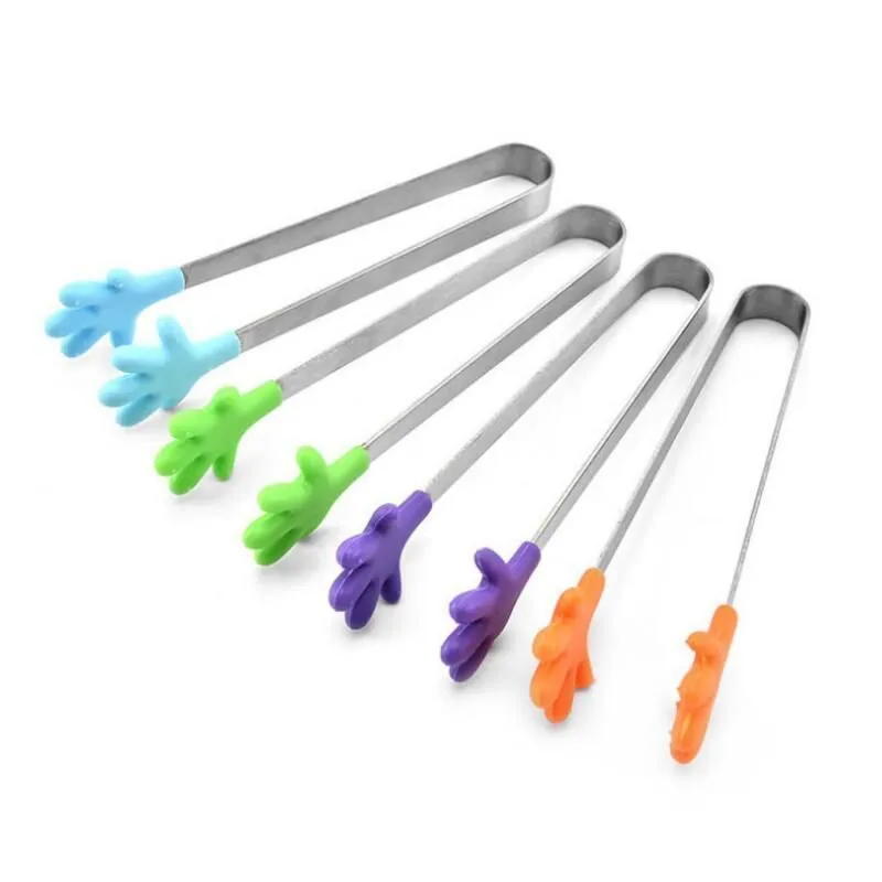 Cute Creative Small Silicone Clip Non Slip Stainless Steel Mini Food Ice Square Suger BBQ Tongs Clips Kitchen Products