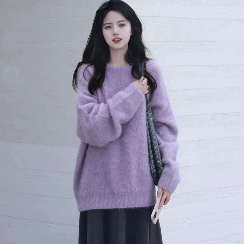 Kvinnors tröjor 2023 Autumn Winter Fashion Women Sweater Casual Loose Simple Korean Knit O-Neck Elegant Sweet Purple Pullovers