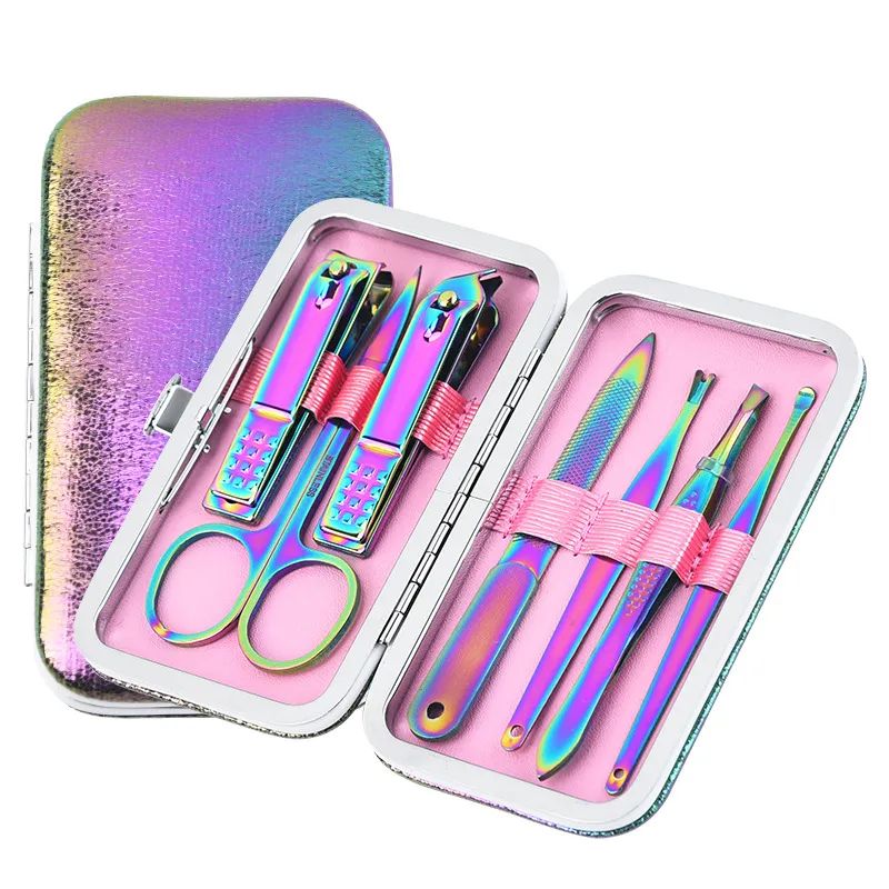 Regenbogen glänzende Farbe 1 Set mit 7 Stück Handpflege Nagelknipser Nagelhautzange Fingernagel Edelstahl Werkzeug Cortaunas Arcoiris