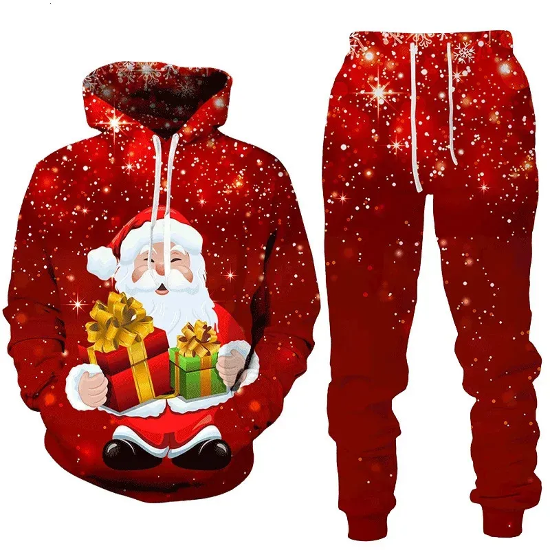 Fatos masculinos Moda Natal Papai Noel Outono Inverno 3D Impresso Marca Tracksuit Hoodies Calças Definir Manga Longa Terno Roupas 231110