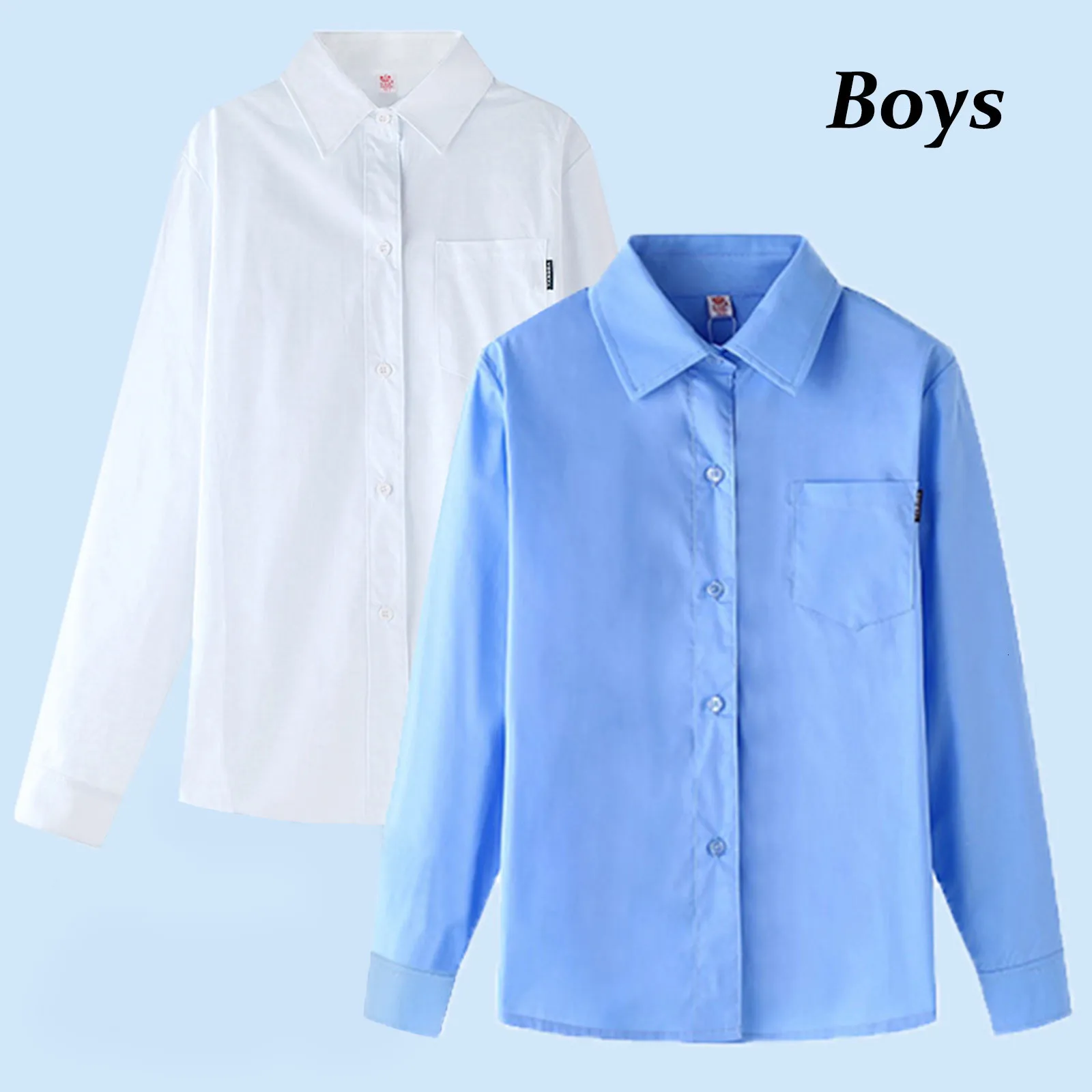 Kids Shirts Boys School Blouse Shirt Long Sleeve White Shirt Sky Blue Formal Blouse Top For Student Ages 4-15 Years Tops Children Clothes 230410