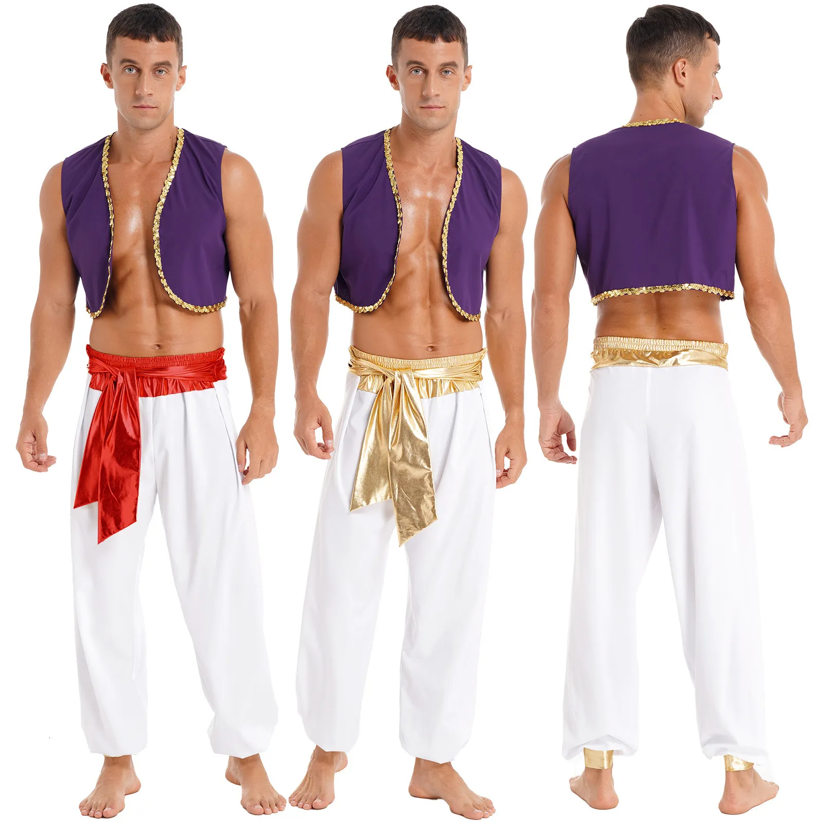 Theme Costume Mens Halloween Costume Mythical Prince Aladin Carnival Cosplay Party Outfit Sequin Trim Waistcoat with Belted Pants 230410