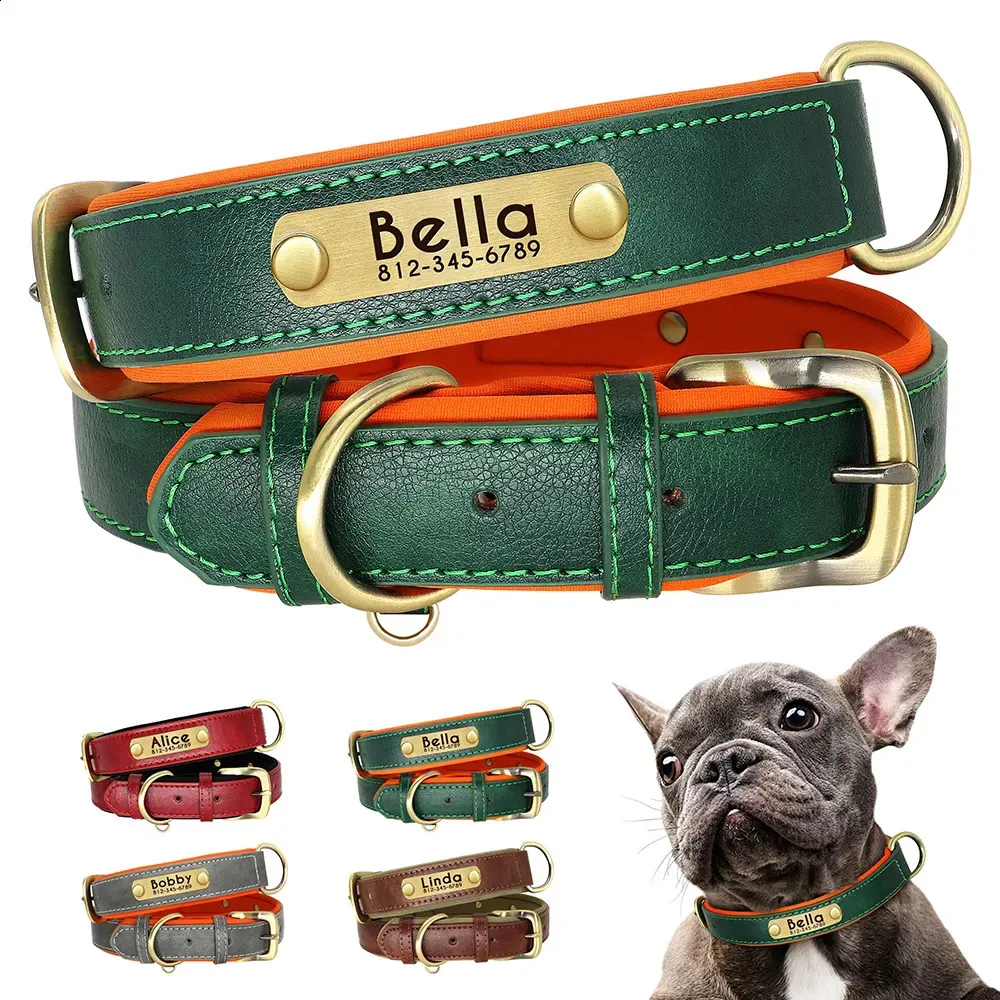 Dog Collars Leashes Customized Leather ID Nameplate Dog Collar Soft Padded Dogs Collars Free Engraving Name for Small Medium Large Dogs Adjustable 231110