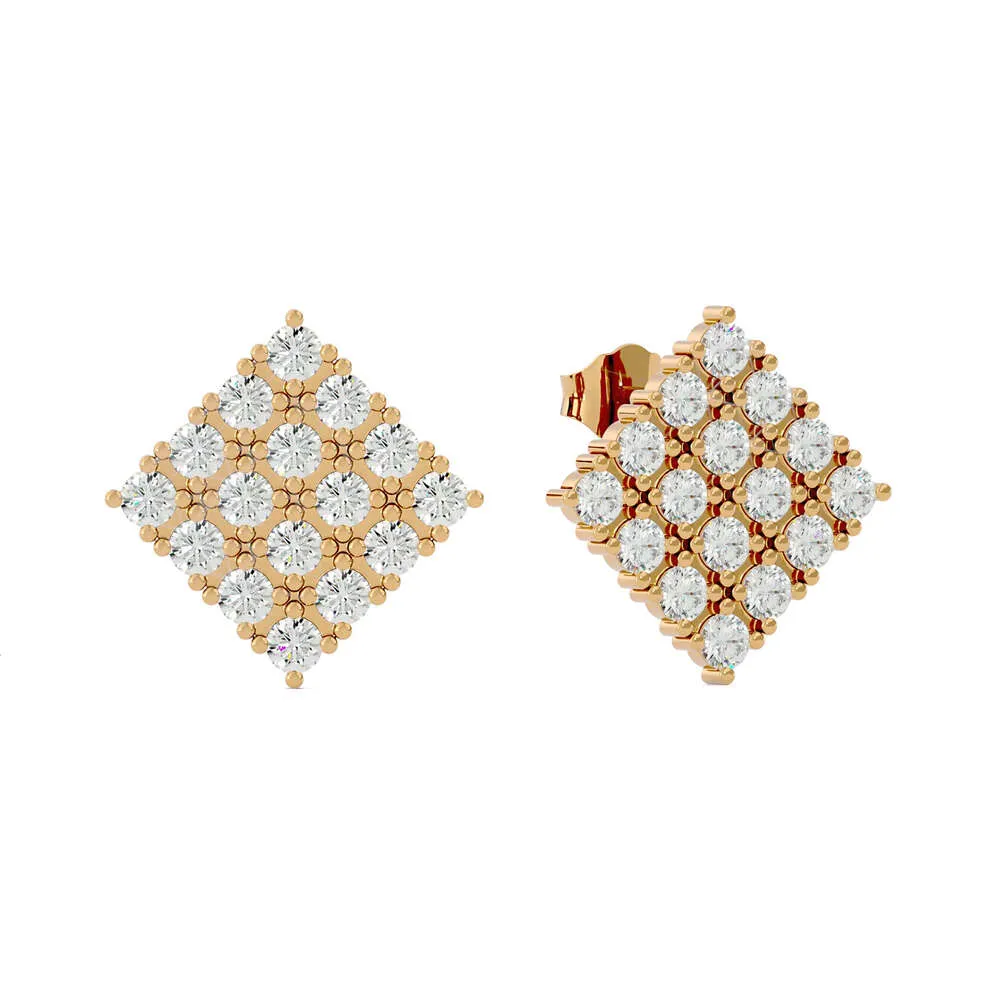 Hip Hop New Fashion Yellow Rose White Pure 14K T Solid Gold Square Stud Earrings With Natural Diamond Fine Jewelry