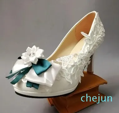 Dress Shoes High Heels White Green Bow Bridal Wedding Lace Pumps For Woman Plus Ladies Flower Girl Party WhiteDress