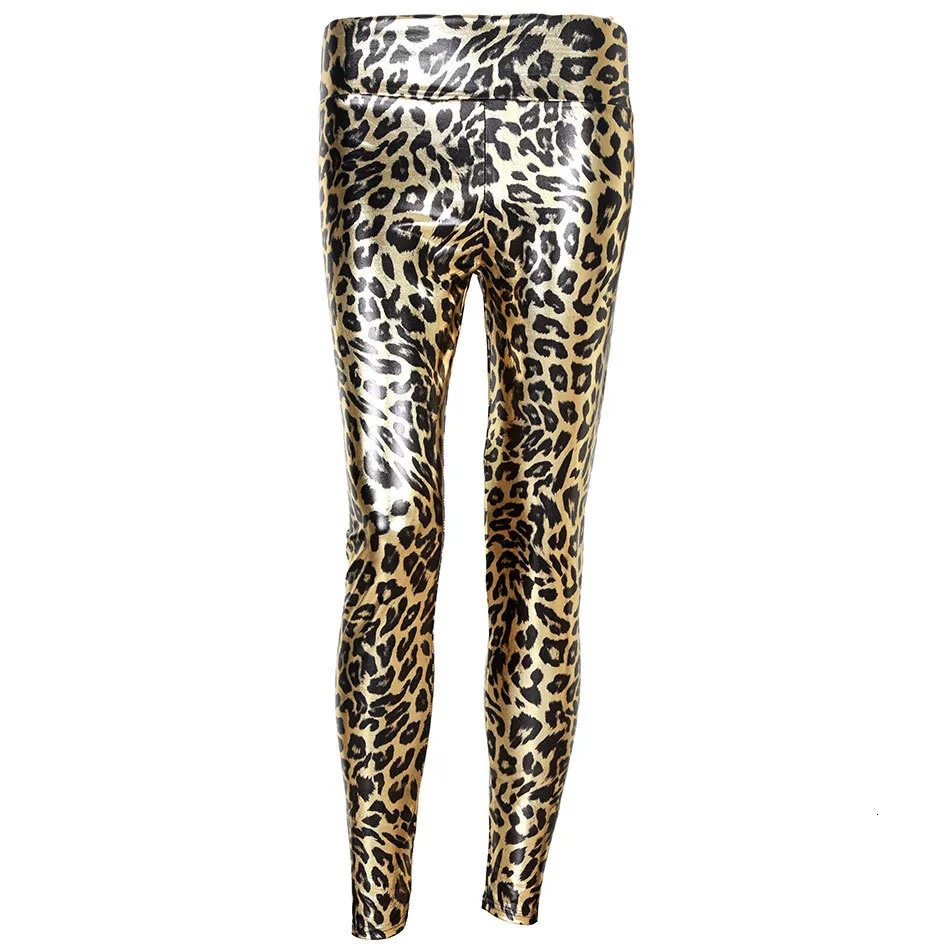 Kvinnors leggings leopard leggings kvinnors guld mitt midja leggings kvinnliga glänsande leopard elastiska anklelängd leggings mode casual byxor 230410