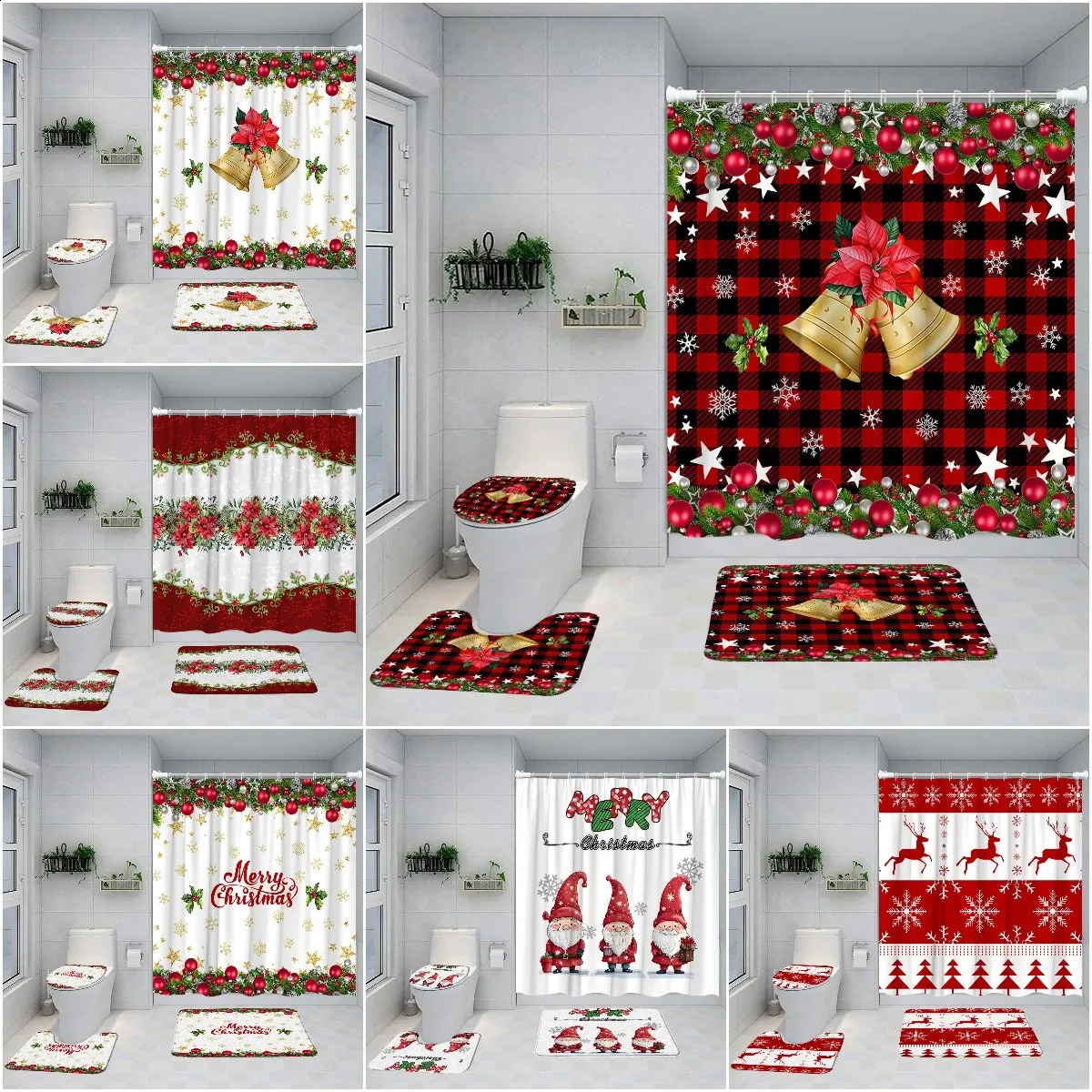 Duschgardiner Julgardin Winter Snowflake Ball Gnome Elk Bell Red and Black Plaid Badrum Dörr Set Home Decor 231109