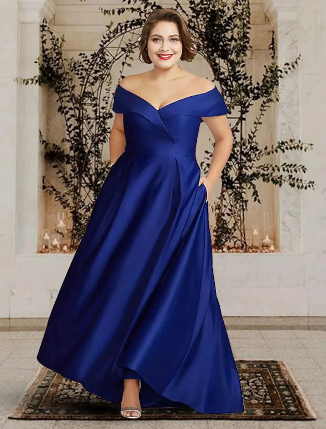 Simple Royal Blue A-line Mother of the Bride Dress Plus Size Elegant Off the Shoulder V Neck Satin Wedding Guest Formal Gowns Party