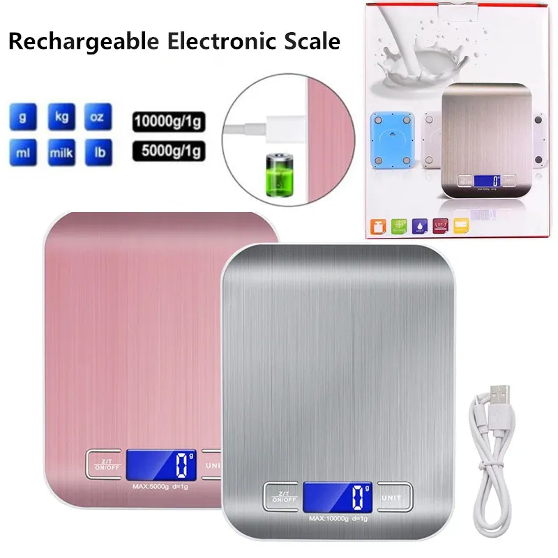 USB -uppladdningsbar elektronisk digital matköksskala 5 kg 10 kg/0,1 g LCD Display Rostfritt stål Vikt GRAMS Balans Mätning Bakning Små gram vägningsverktyg