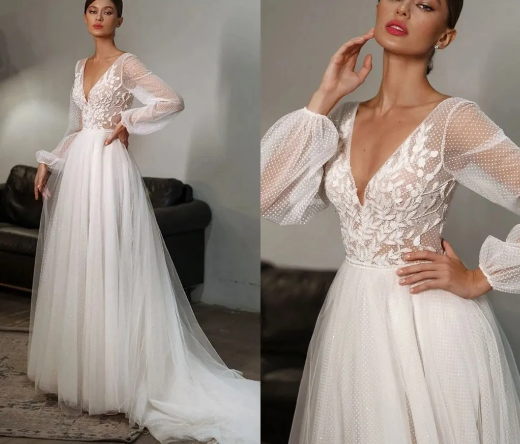 Bohemian Lace Wedding Dresses 2024 V-Neck Appliques Puff Sleeves Bridal Formal Gowns Vestidos De Noiva Boho Chic