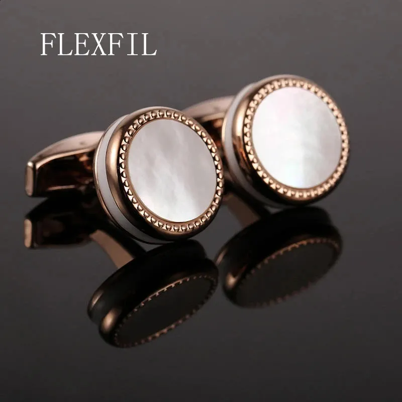 Cuff Links FLEXFIL Round Jewelry color Rose gold French Shirt Fashion Cufflinks for Men's Cuff links Buttons shell High Quality brand 231109